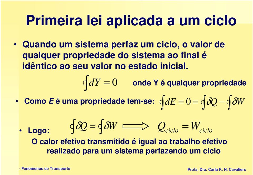 dy = 0 Como E é uma propriedade tem-se: Logo: δq = δw onde Y é qualquer propriedade de Q =