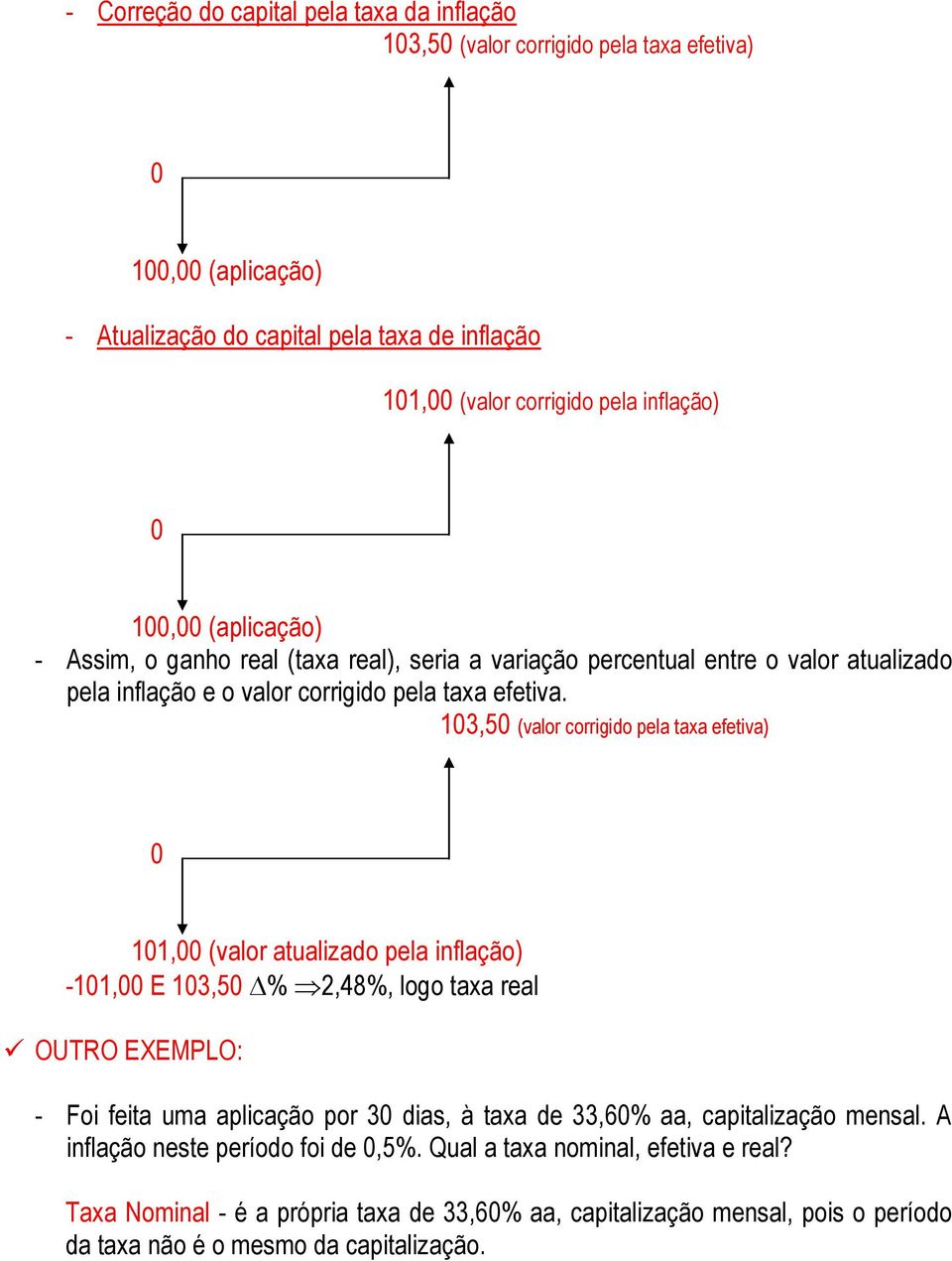 103,50 (valor corrigido pela taxa efetiva) 0 101,00 (valor atualizado pela inflação) -101,00 E 103,50 % 2,48%, logo taxa real OUTRO EXEMPLO: - Foi feita uma aplicação por 30 dias, à taxa de