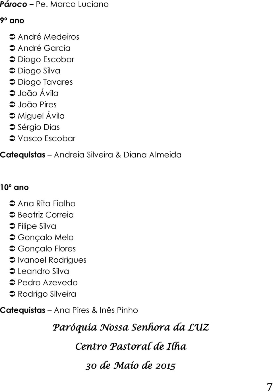 Miguel Ávila Sérgio Dias Vasco Escobar Catequistas Andreia Silveira & Diana Almeida 10º ano Ana Rita Fialho