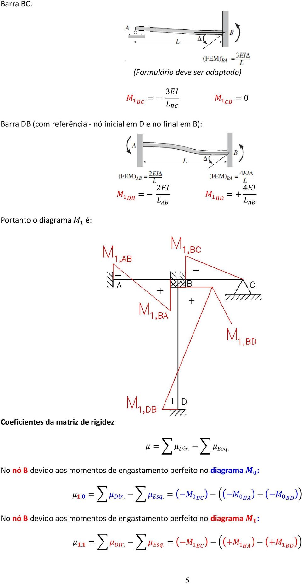 No nó B devido aos momentos de engastamento perfeito no diagrama M 0 : μ 1,0 = μ Dir. μ Esq.