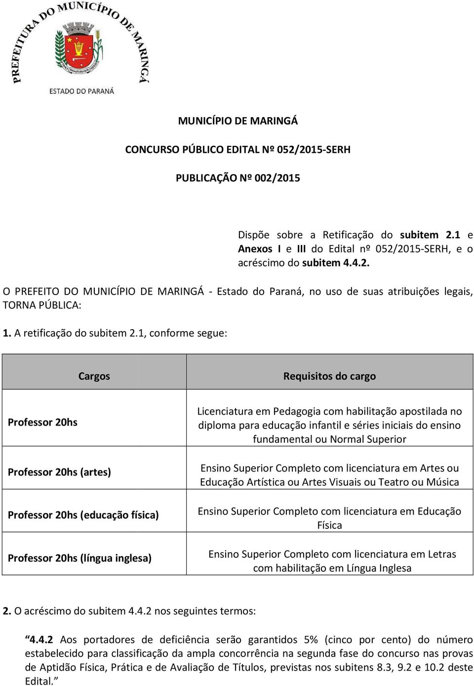 1, conforme segue: Cargos Requisitos do cargo Professor 20hs Professor 20hs (artes) Professor 20hs (educação física) Professor 20hs (língua inglesa) Licenciatura em Pedagogia com habilitação