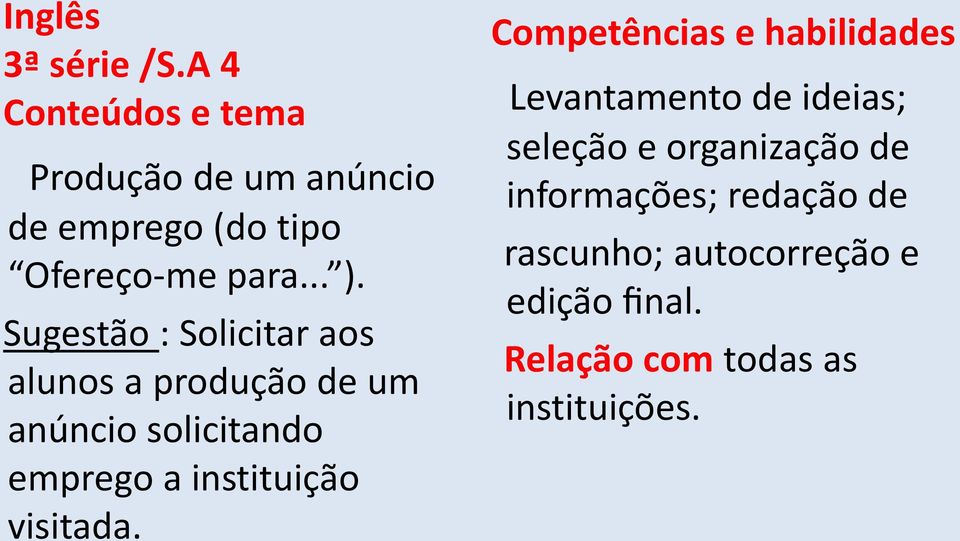 Sugestão : Solicitar aos alunos a produção de um anúncio solicitando emprego a