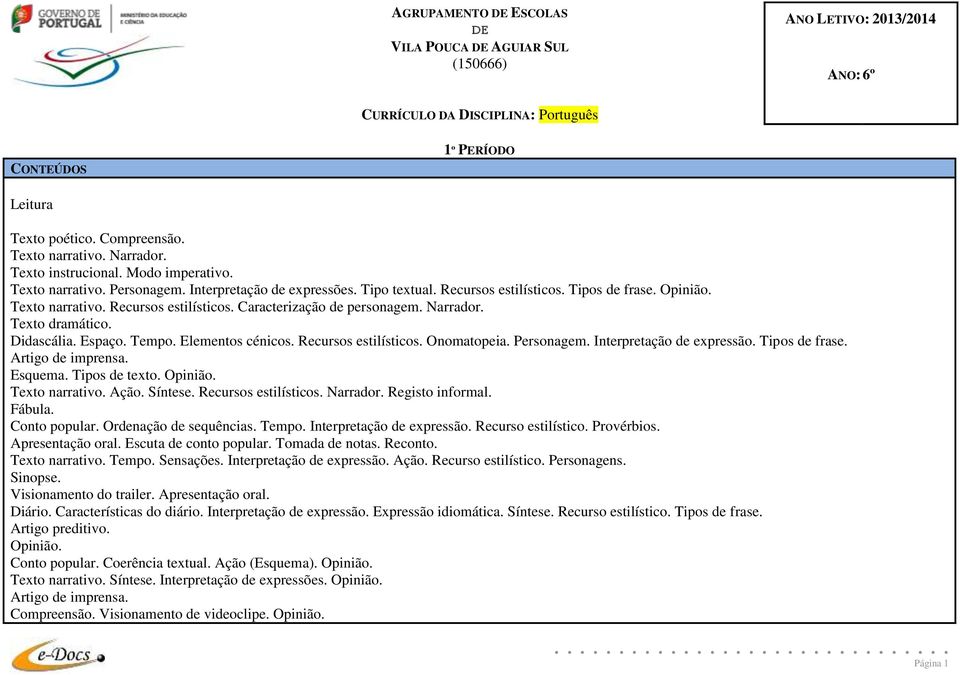 Narrador. Texto dramático. Didascália. Espaço. Tempo. Elementos cénicos. Recursos estilísticos. Onomatopeia. Personagem. Interpretação de expressão. Tipos de frase. Artigo de imprensa. Esquema.