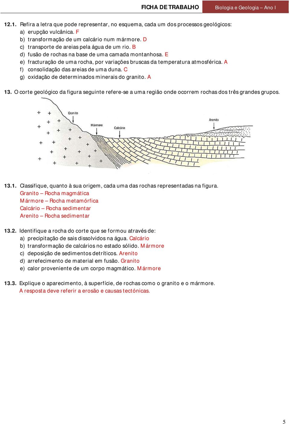 A f) consolidação das areias de uma duna. C g) oxidação de determinados minerais do granito. A 13.