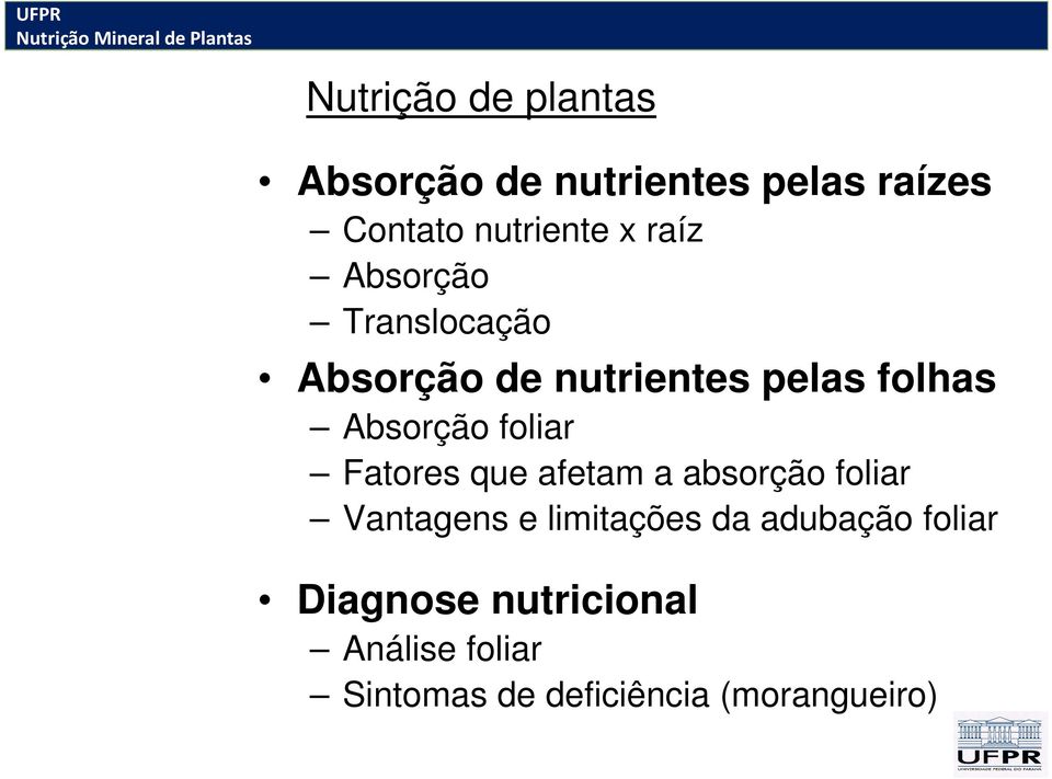 foliar Fatores que afetam a absorção foliar Vantagens e limitações da