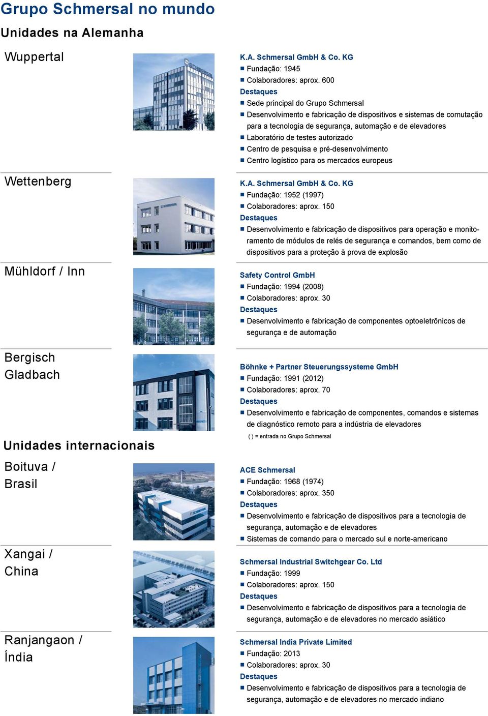 600 Destaques Sede principal do Grupo Schmersal Desenvolvimento e fabricação de dispositivos e sistemas de comutação para a tecnologia de segurança, automação e de elevadores Laboratório de testes