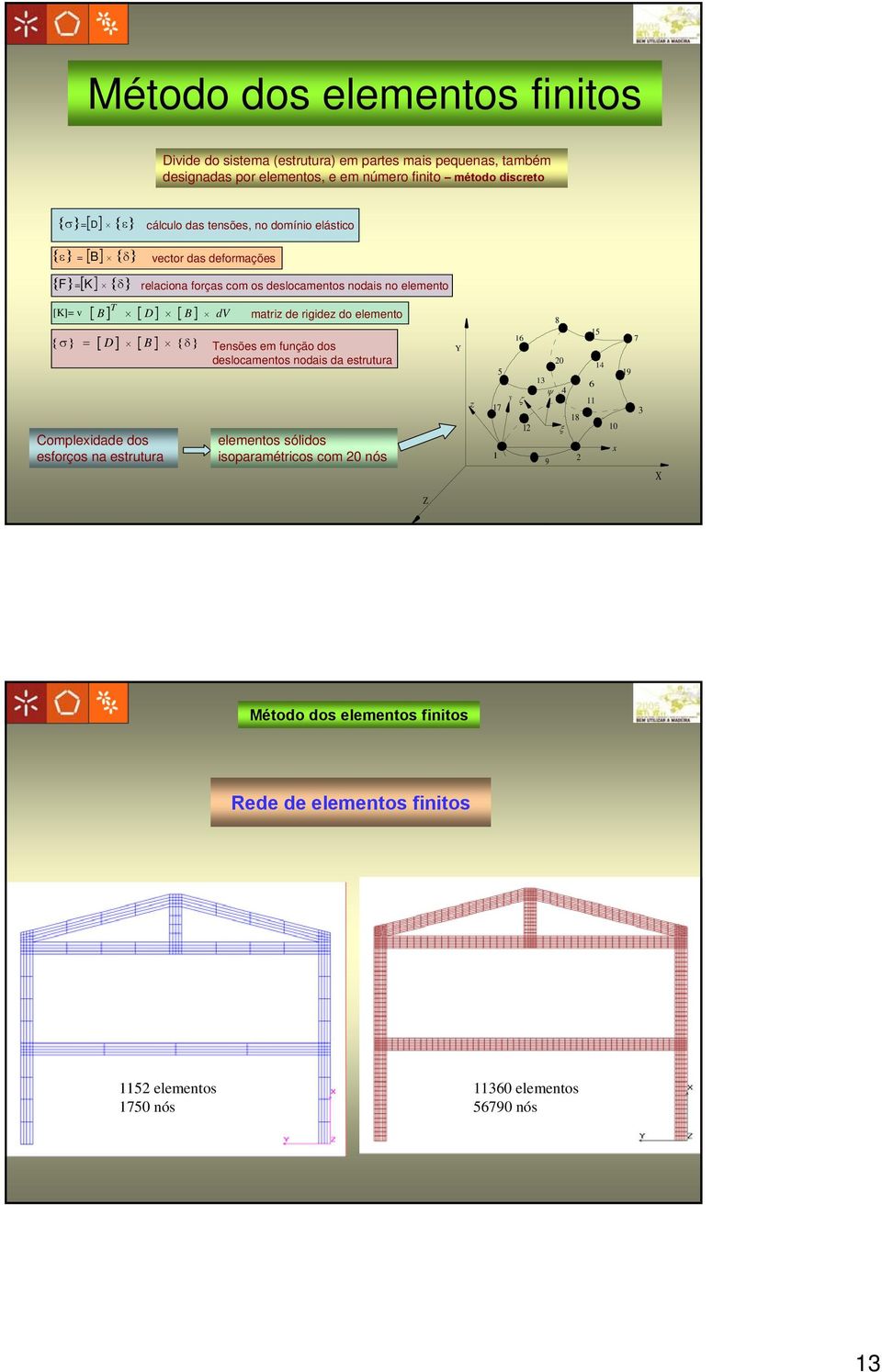 rigidez do elemento { σ} = D B { δ } Tensões em função dos deslocamentos nodais da estrutura Complexidade dos esforços na estrutura elementos sólidos isoparamétricos com 20