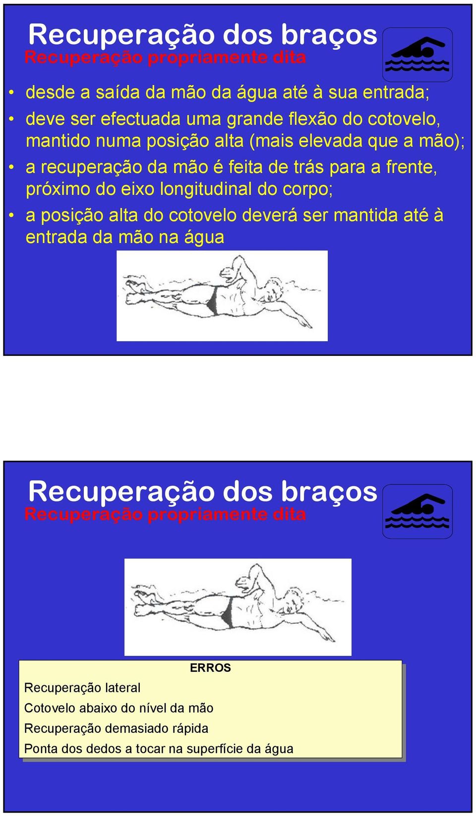 longitudinal do corpo; a posição alta do cotovelo deverá ser mantida até à entrada da mão na água Recuperação dos braços Recuperação