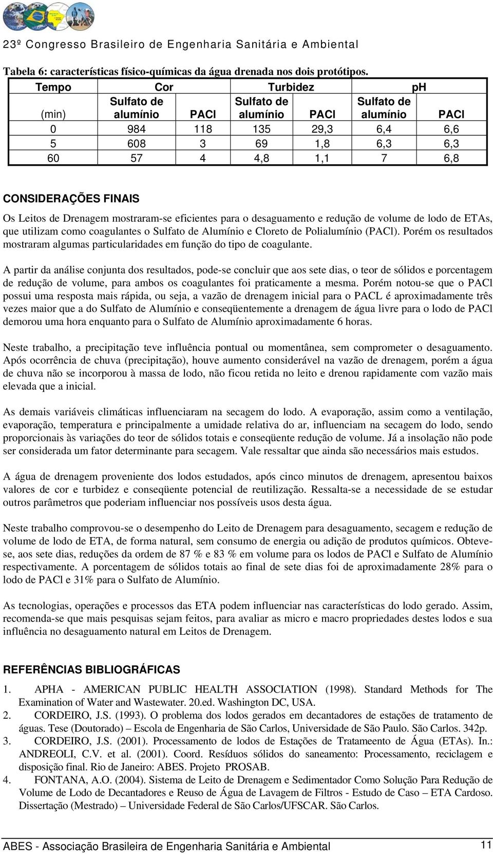 Leitos de Drenagem mostraram-se eficientes para o desaguamento e redução de volume de lodo de ETAs, que utilizam como coagulantes o Sulfato de Alumínio e Cloreto de Polialumínio (PACl).