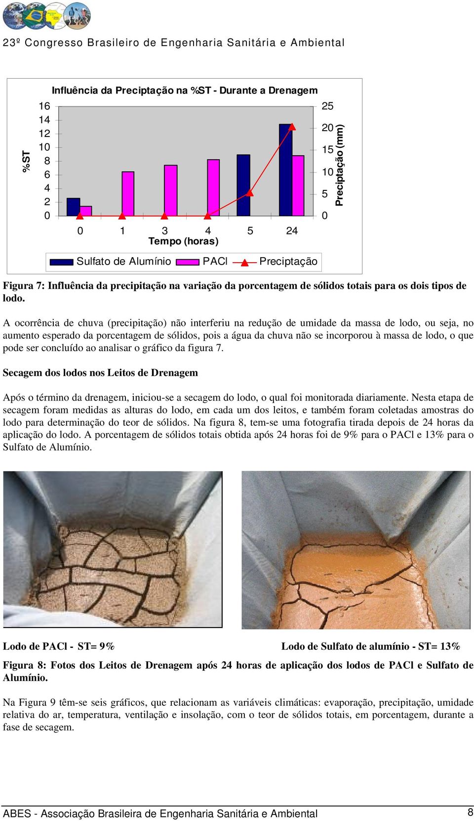 A ocorrência de chuva (precipitação) não interferiu na redução de umidade da massa de lodo, ou seja, no aumento esperado da porcentagem de sólidos, pois a água da chuva não se incorporou à massa de