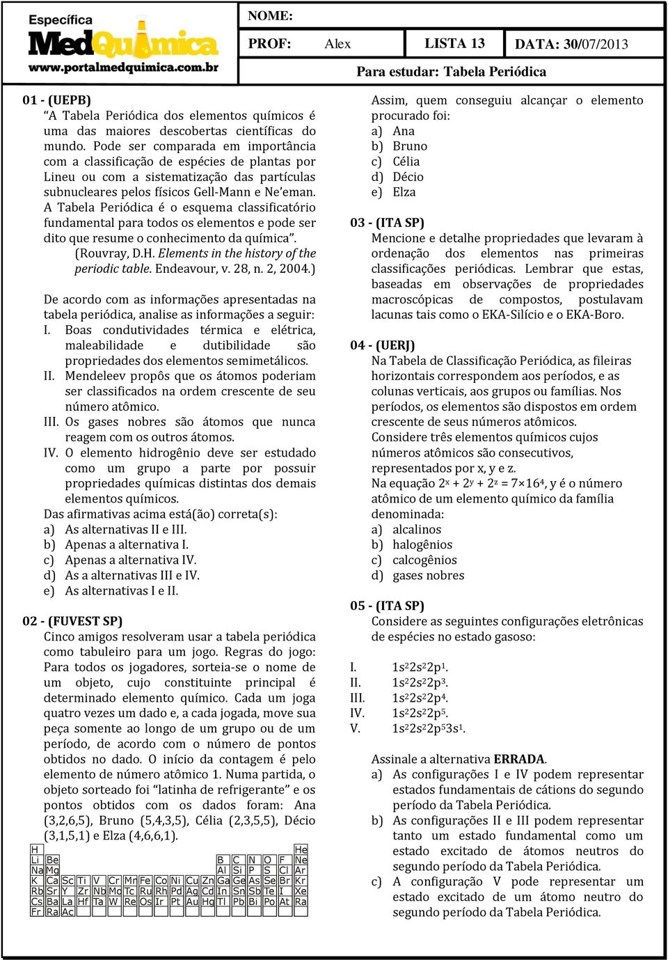 A Tabela Periódica é o esquema classificatório fundamental para todos os s e pode ser dito que resume o conhecimento da química. (Rouvray, D.H. Elements in the history of the periodic table.