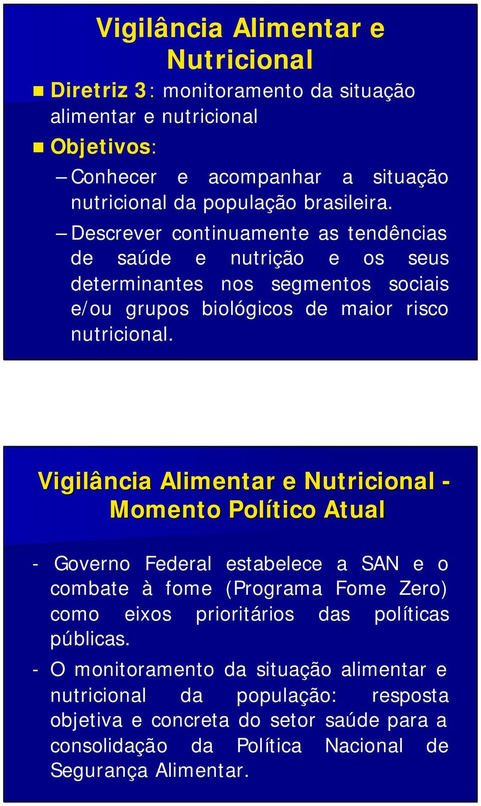 Vigilância Alimentar e Nutricional - Momento Político Atual - Governo Federal estabelece a SAN e o combate à fome (Programa Fome Zero) como eixos prioritários rios das