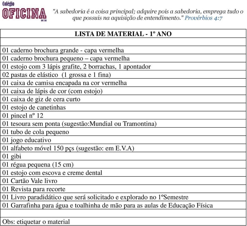 estojo de canetinhas 01 pincel nº 12 01 tesoura sem ponta (sugestão:mundial ou Tramontina) 01 tubo de cola pequeno 01 jogo educativo 01 alfabeto móvel 150 pçs