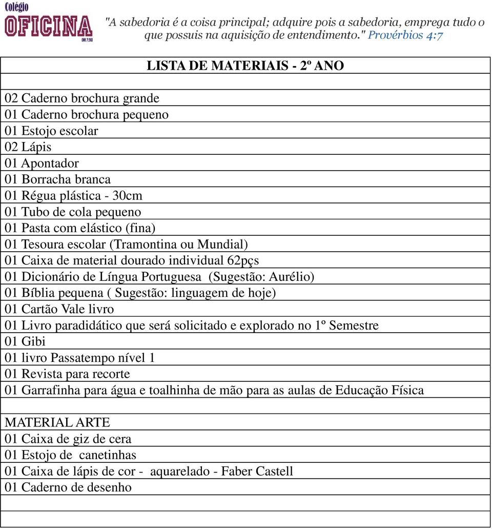 individual 62pçs 01 Dicionário de Língua Portuguesa (Sugestão: Aurélio) 01 Livro paradidático que será solicitado e explorado no 1º Semestre 01