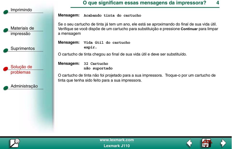 Verifique se você dispõe de um cartucho para substituição e pressione Continuar para limpar a mensagem Vida útil do cartucho expir.