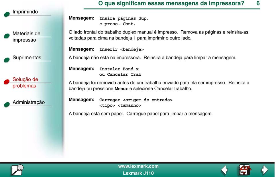 Reinsira a bandeja para limpar a mensagem. Instalar Band x ou Cancelar Trab A bandeja foi removida antes de um trabalho enviado para ela ser impresso.