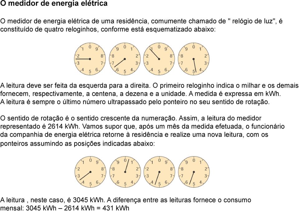 A letura é sempre o últmo número ultrapassado pelo pontero no seu sentdo de rotação. O sentdo de rotação é o sentdo crescente da numeração. Assm, a letura do meddor representado é 2614 kwh.