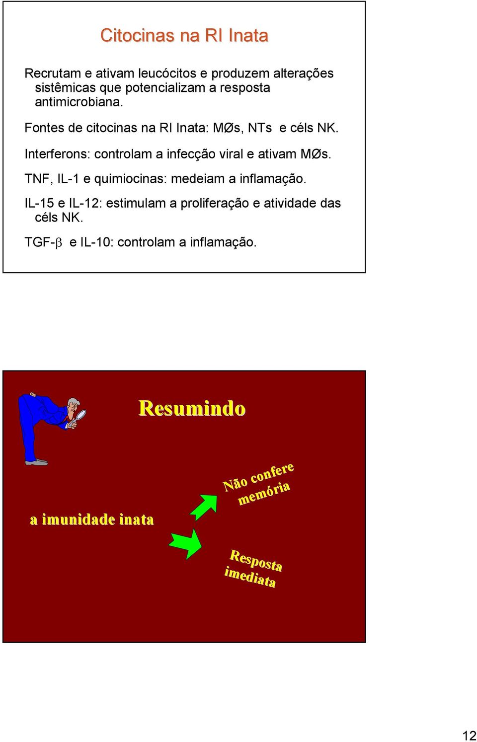 Interferons: controlam a infecção viral e ativam MØs. TNF, IL-1 e quimiocinas: medeiam a inflamação.