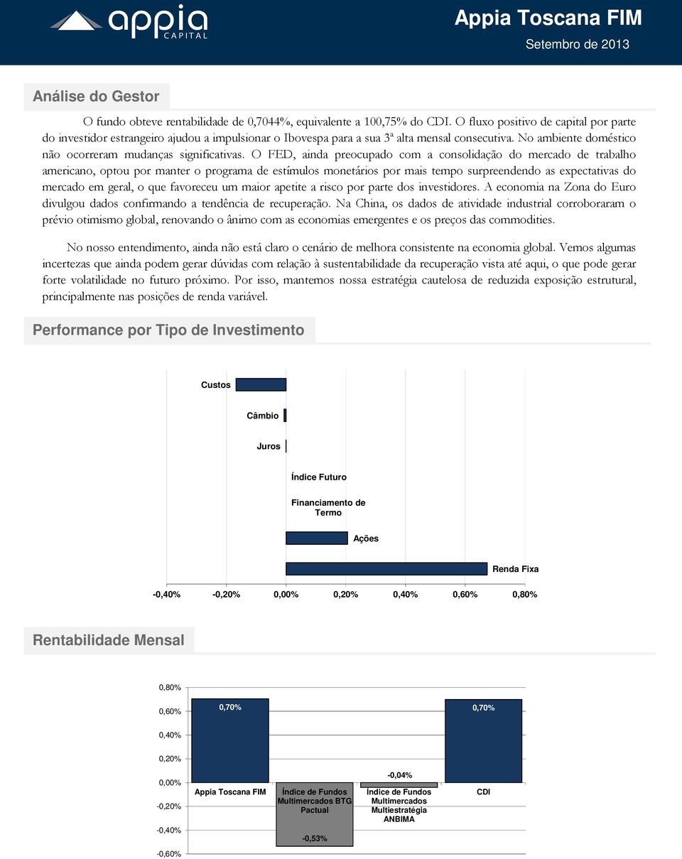 O FED, ainda preocupado com a consolidação do mercado de trabalho americano, optou por manter o programa de estímulos monetários por mais tempo surpreendendo as expectativas do mercado em geral, o