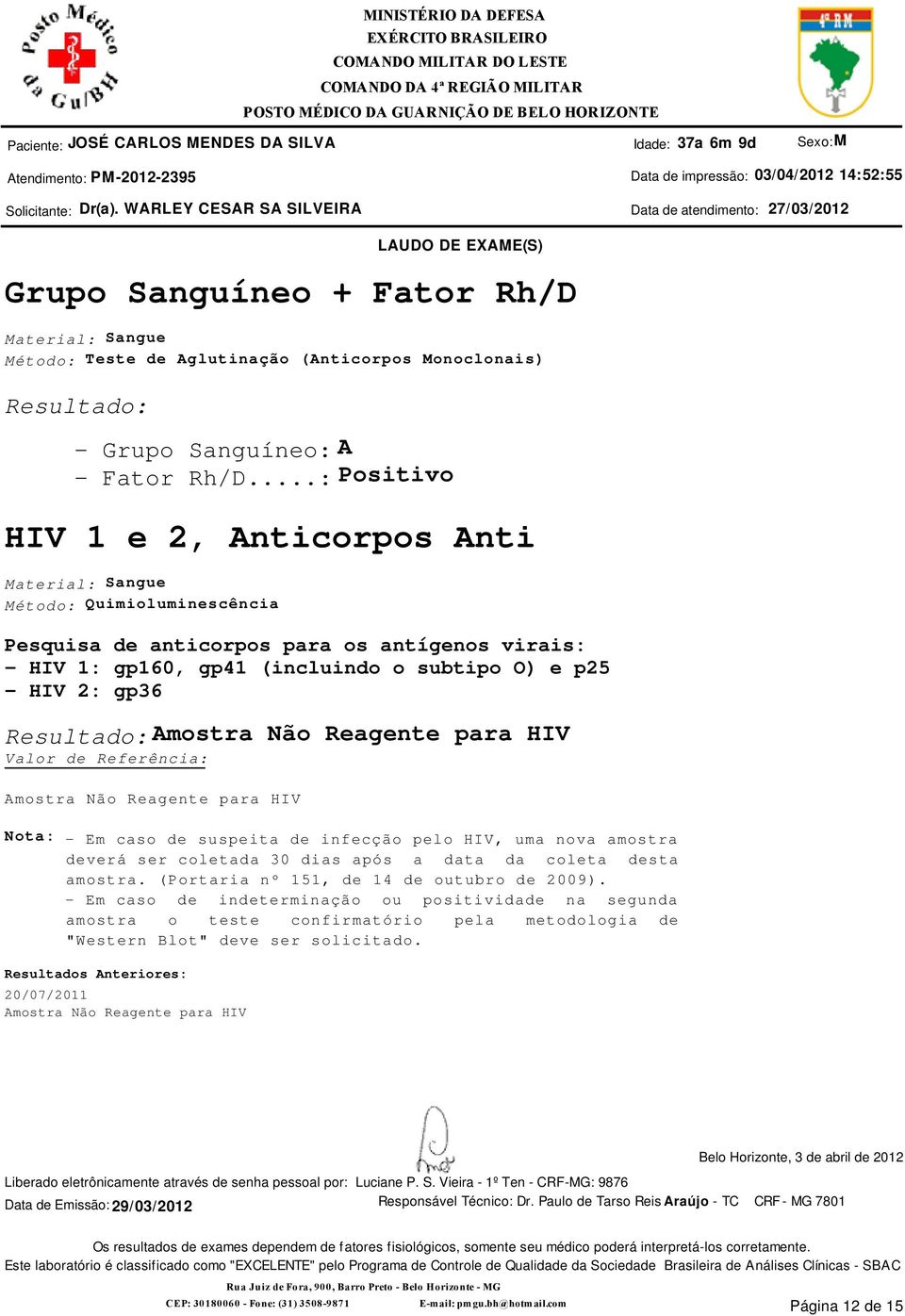 Não Reagente para HIV Amostra Não Reagente para HIV Nota: - Em caso de suspeita de infecção pelo HIV, uma nova amostra deverá ser coletada 30 dias após a data da coleta desta amostra.