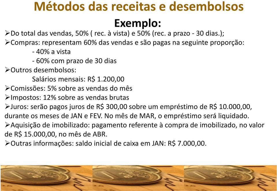 200,00 Comissões: 5% sobre as vendas do mês Impostos: 12% sobre as vendas brutas Juros: serão pagos juros de R$ 300,00 sobre um empréstimo de R$ 10.