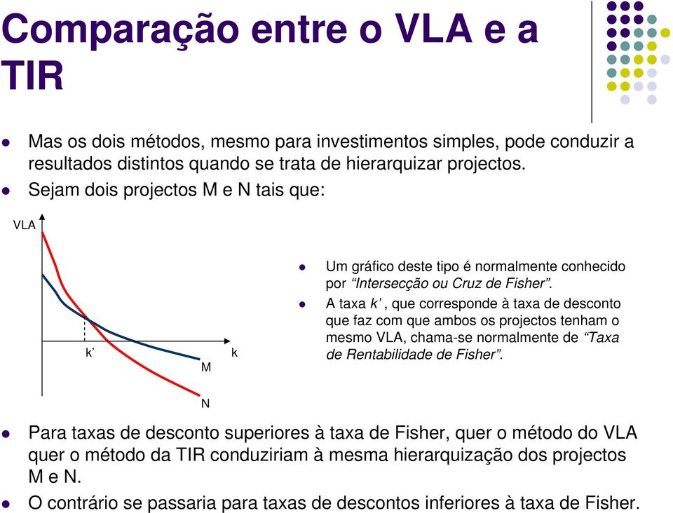 A taxa k, que correspode à taxa de descoto que faz com que ambos os projectos teham o mesmo VLA, chama-se ormalmete de Taxa de Retabilidade de Fisher.
