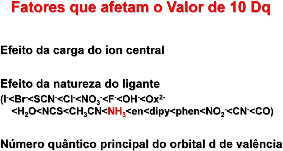 <NO 3- <F - <OH - <Ox 2- <H 2 O<NCS<CH 3 CN<NH 3