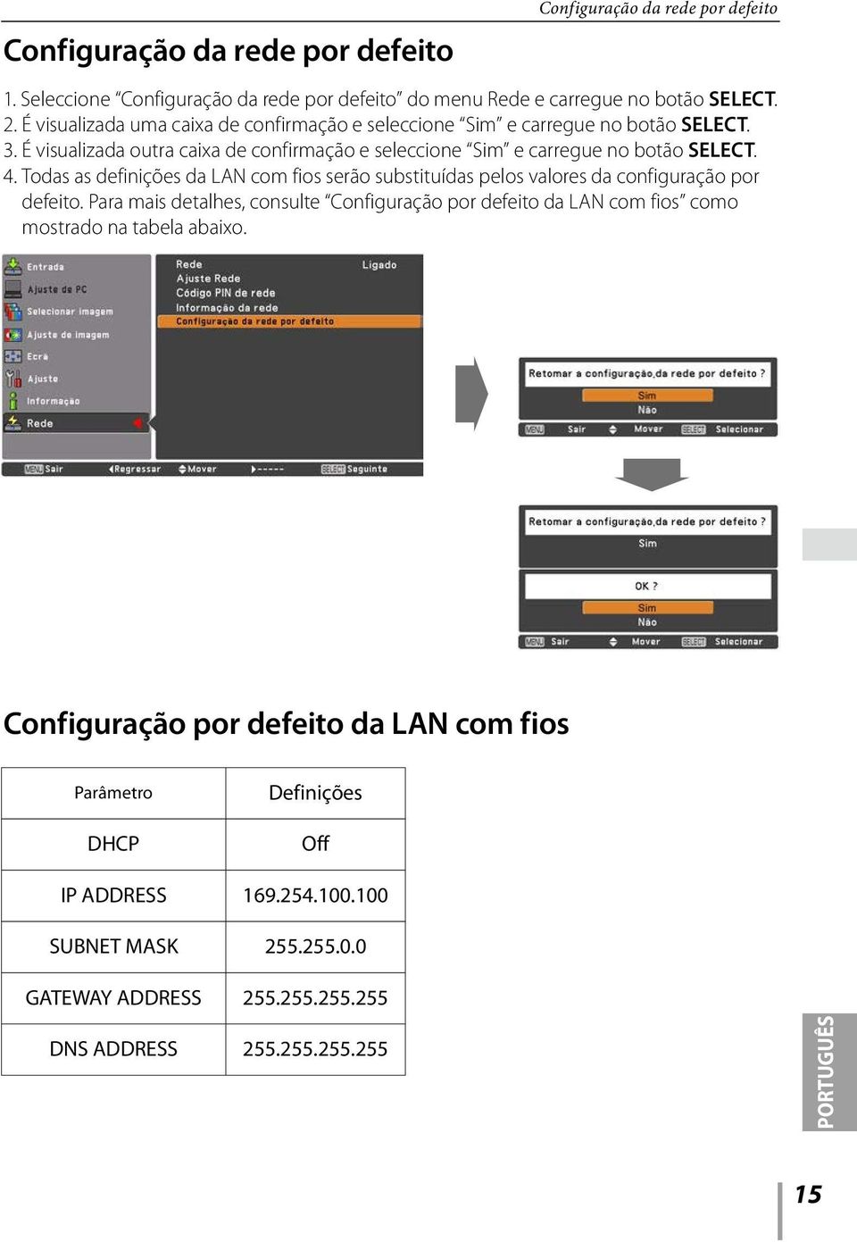 Todas as definições da LAN com fios serão substituídas pelos valores da configuração por defeito.