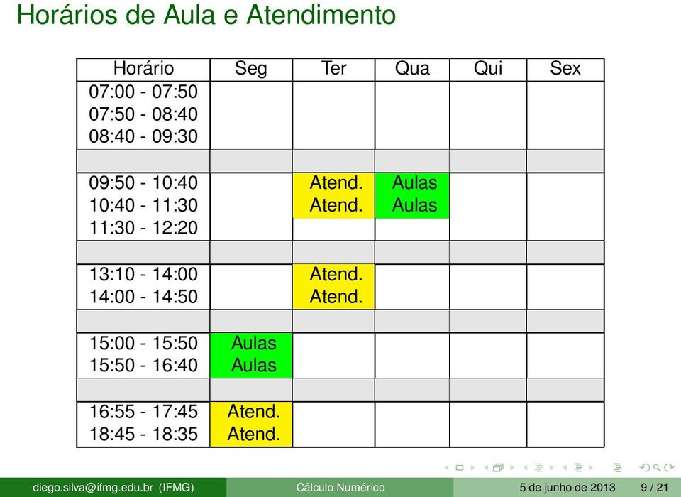 Aulas 11:30-12:20 13:10-14:00 Atend. Atend. Atend. 14:00-14:50 Atend.