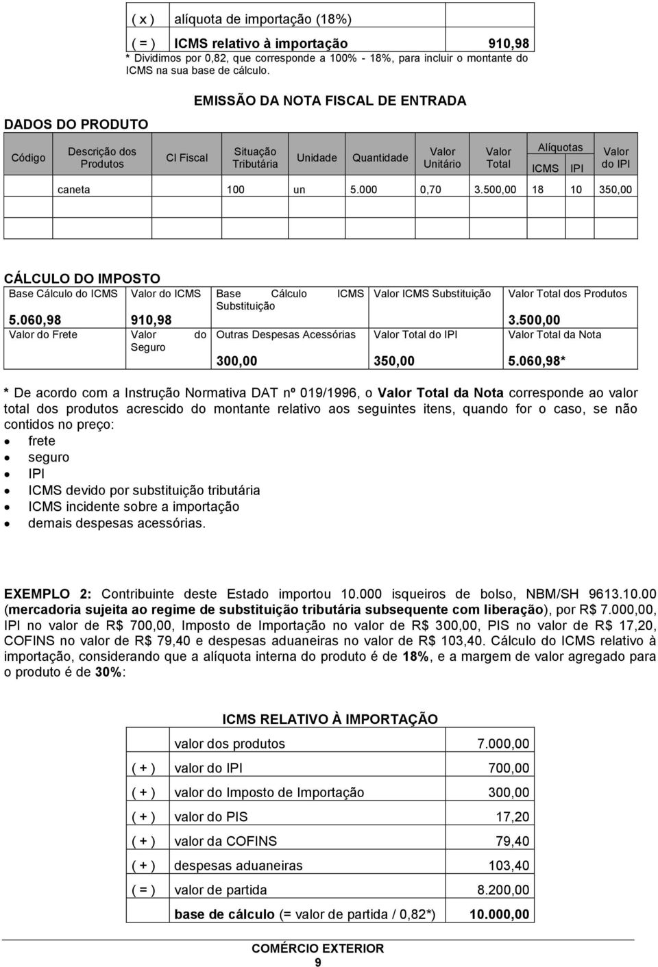 000 0,70 3.500,00 18 10 350,00 CÁLCULO DO IMPOSTO Base Cálculo do ICMS Valor do ICMS 5.