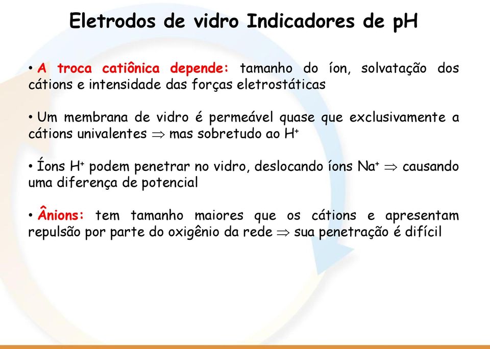 univalentes mas sobretudo ao H + Íons H + podem penetrar no vidro, deslocando íons Na + causando uma diferença de