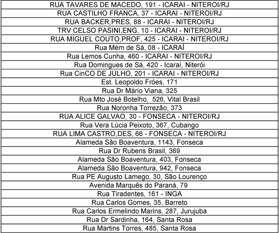 Est. Leopoldo Fróes, 171 Rua Dr Mário Viana, 325 Rua Mto José Botelho, 526, Vital Brasil Rua Noronha Torrezão, 373 RUA ALICE GALVAO, 30 - FONSECA - NITEROI/RJ Rua Vera Lúcia Peixoto, 367, Cubango RUA