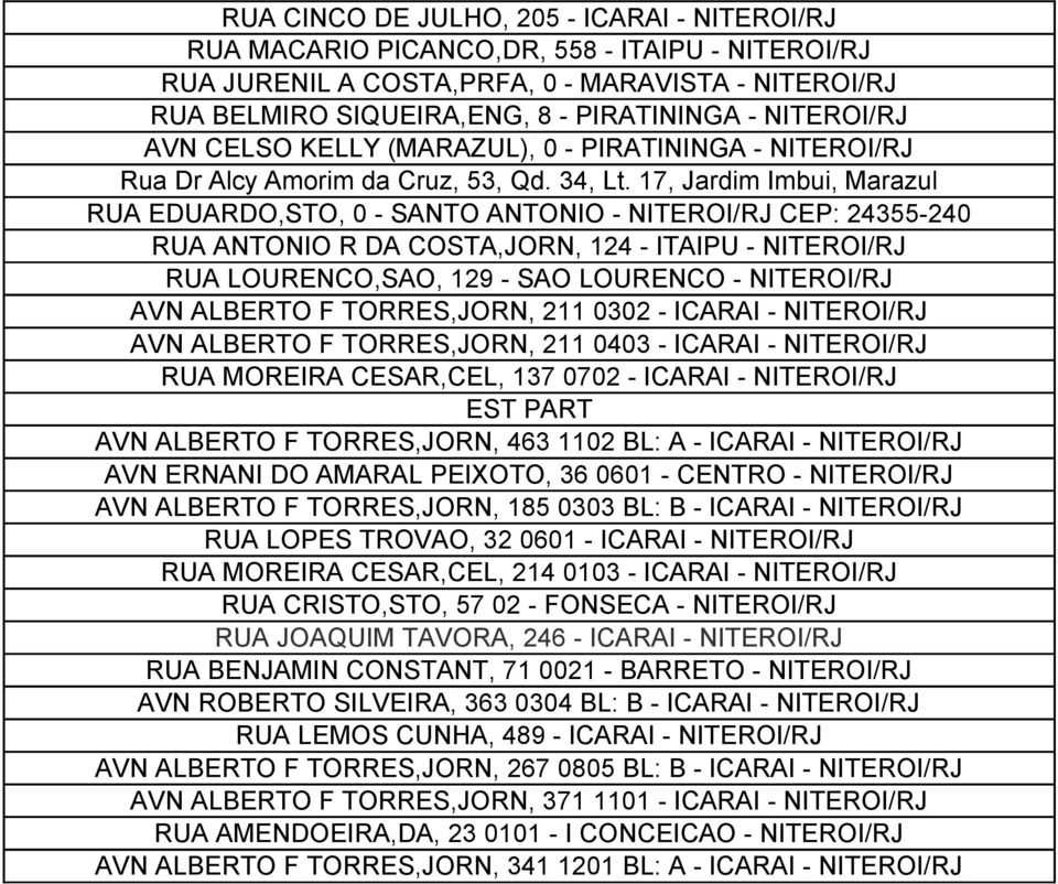 17, Jardim Imbui, Marazul RUA EDUARDO,STO, 0 - SANTO ANTONIO - NITEROI/RJ CEP: 24355-240 RUA ANTONIO R DA COSTA,JORN, 124 - ITAIPU - NITEROI/RJ RUA LOURENCO,SAO, 129 - SAO LOURENCO - NITEROI/RJ AVN