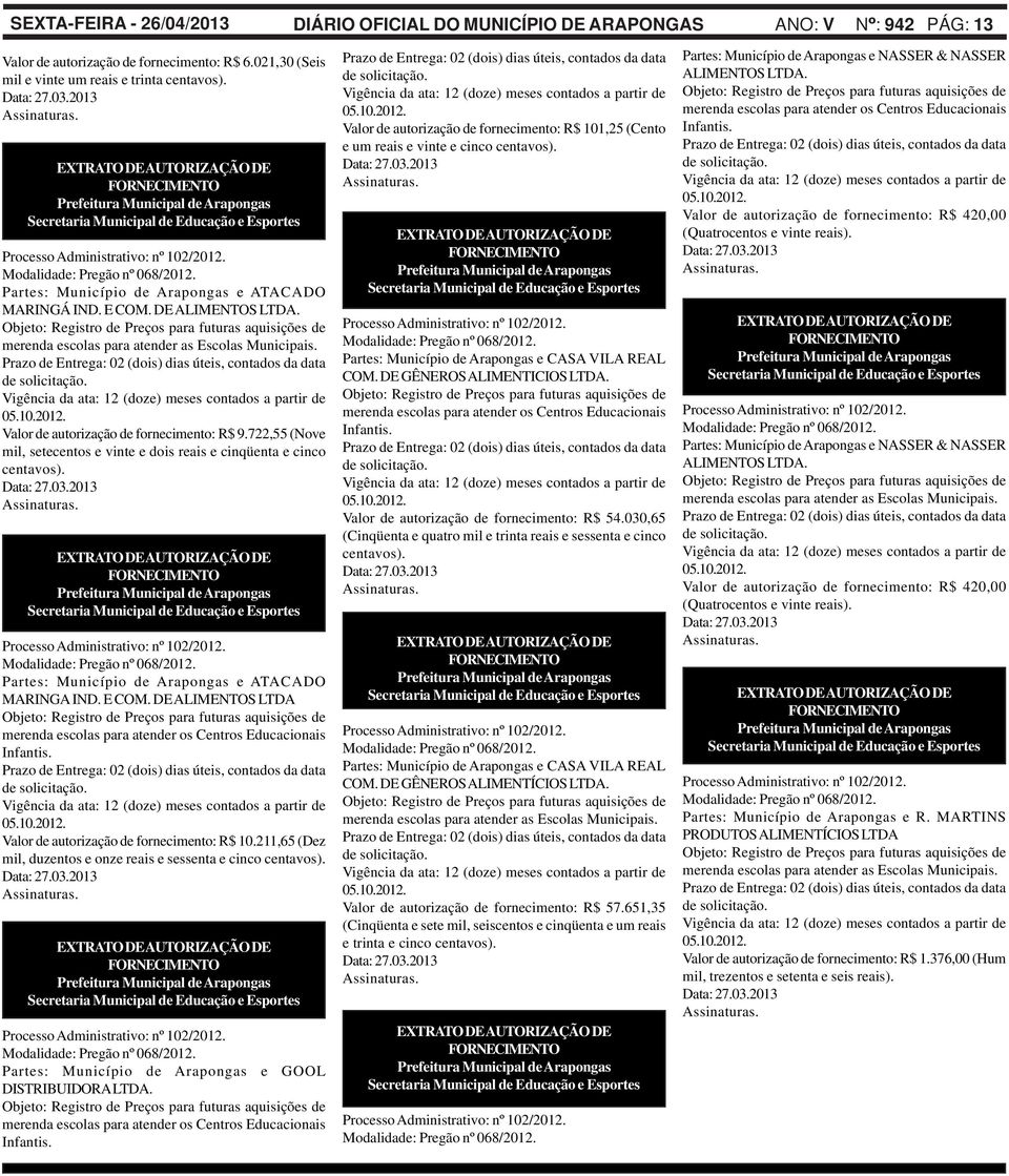 722,55 (Nove mil, setecentos e vinte e dois reais e cinqüenta e cinco Data: 27.03.2013 Partes: Município de Arapongas e ATACADO MARINGA IND. E COM.