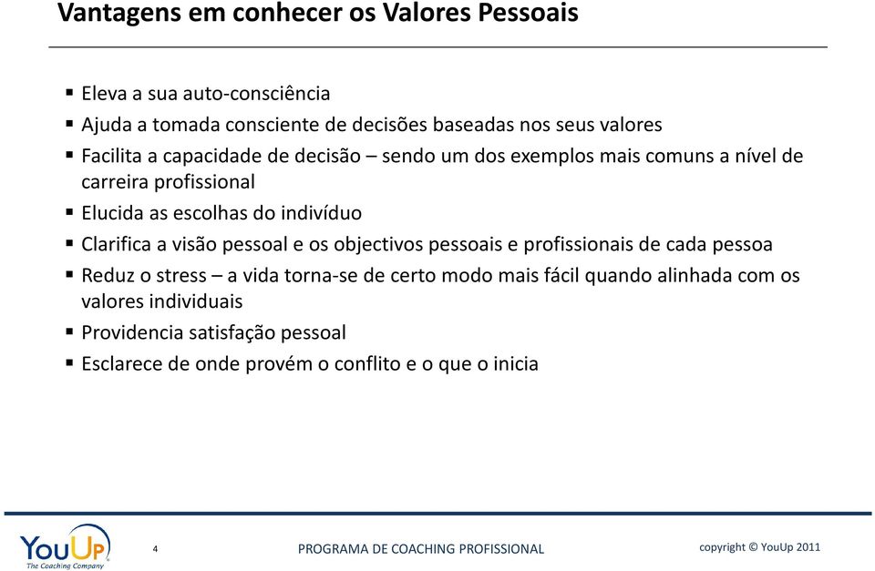 indivíduo Clarifica a visão pessoal e os objectivos pessoais e profissionais de cada pessoa Reduz o stress a vida torna-se de certo