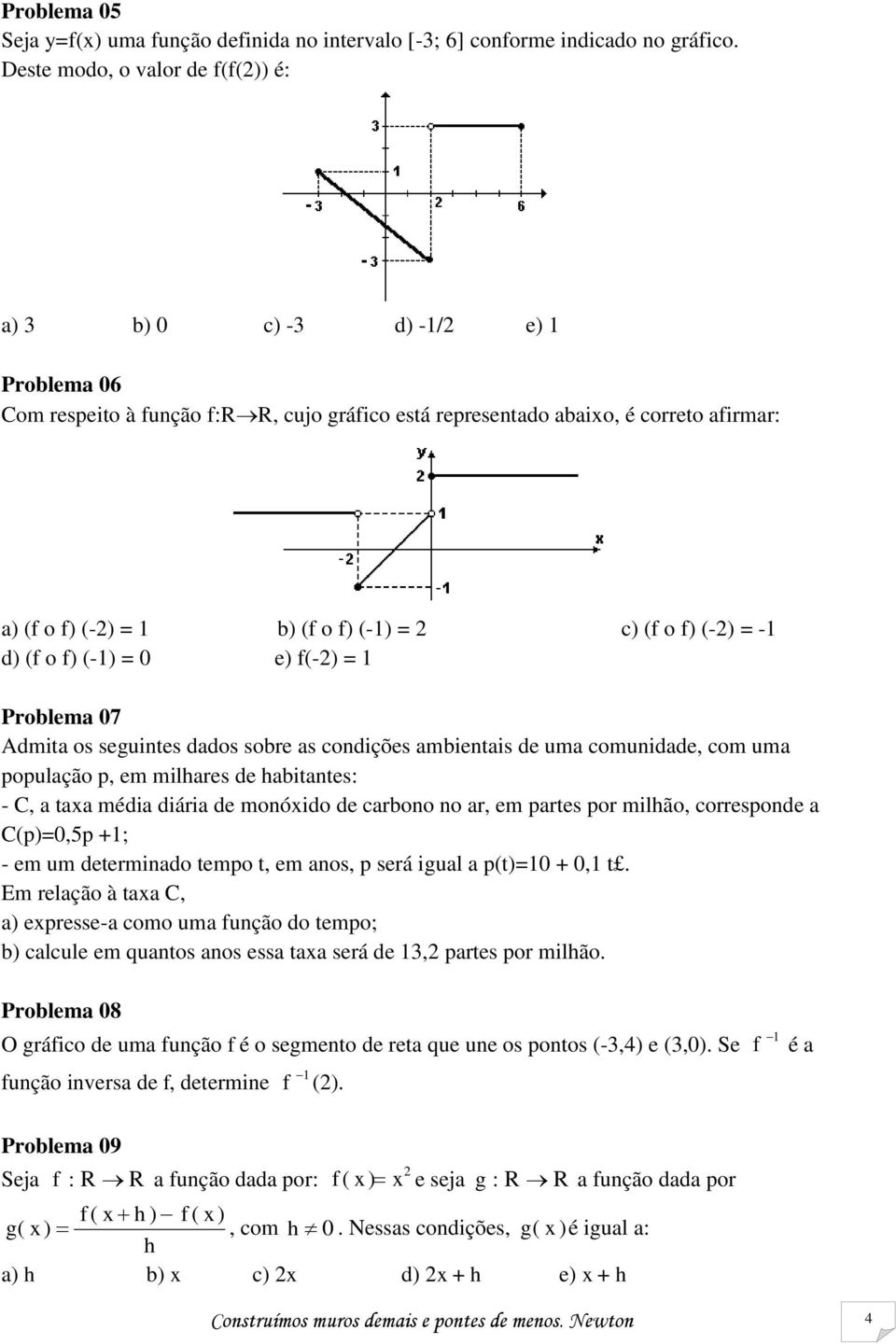 d) (f o f) (-) = 0 e) f(-) = Problema 07 Admita os seguintes dados sobre as condições ambientais de uma comunidade, com uma população p, em milhares de habitantes: - C, a taa média diária de monóido