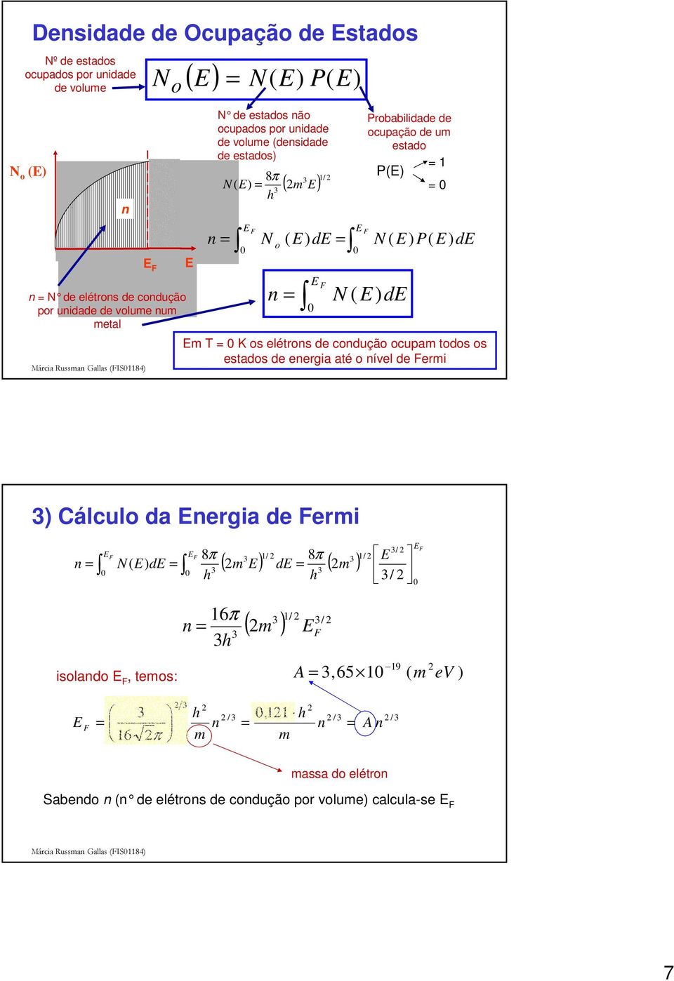 d m T K os elétrons de condução ocupam todos os estados de energia até o nível de Fermi ) Cálculo da nergia de Fermi / F F F 8π N d ( m ) 1/ 8π d ( m ) 1/ ( ) h h /