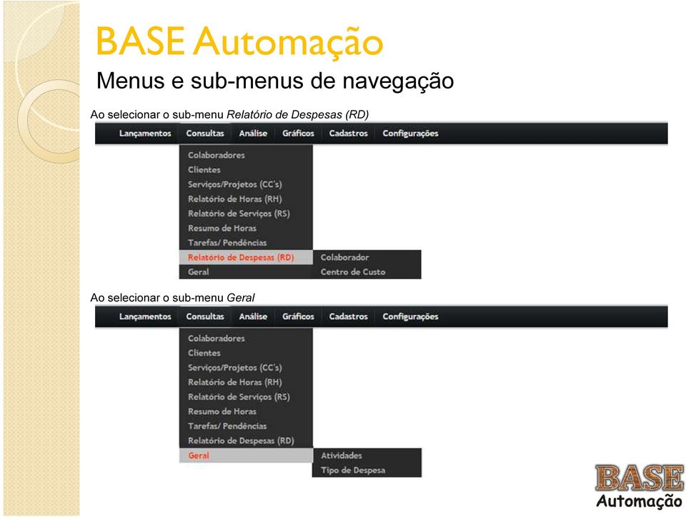 sub-menu Relatório de