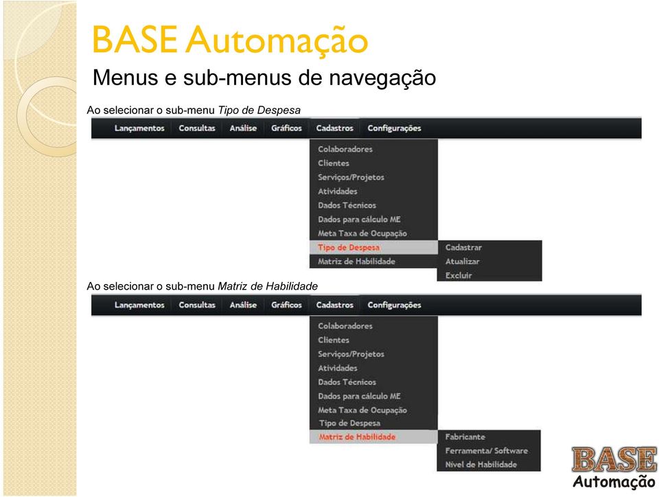 sub-menu Tipo de Despesa Ao