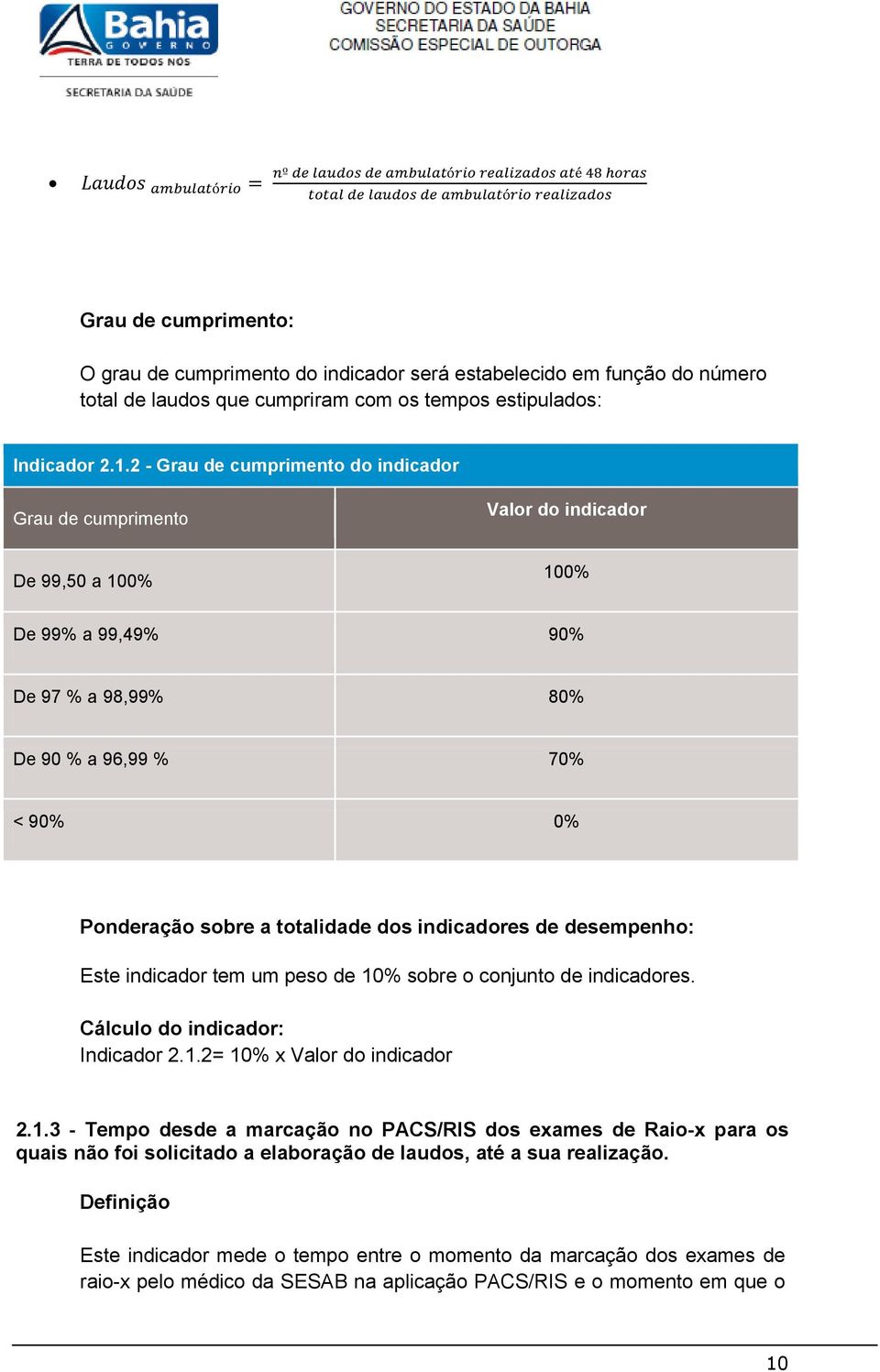 dos indicadores de desempenho: Este indicador tem um peso de 10