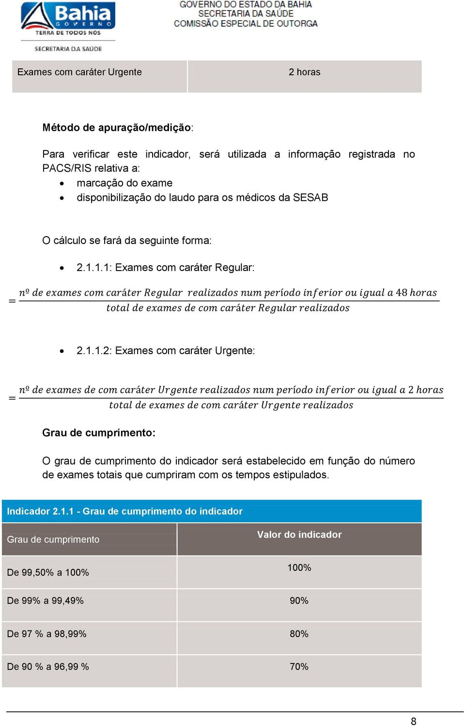 1.1: Exames com caráter Regular: 2.1.1.2: Exames com caráter Urgente: O grau de cumprimento do indicador será estabelecido em função do número de exames