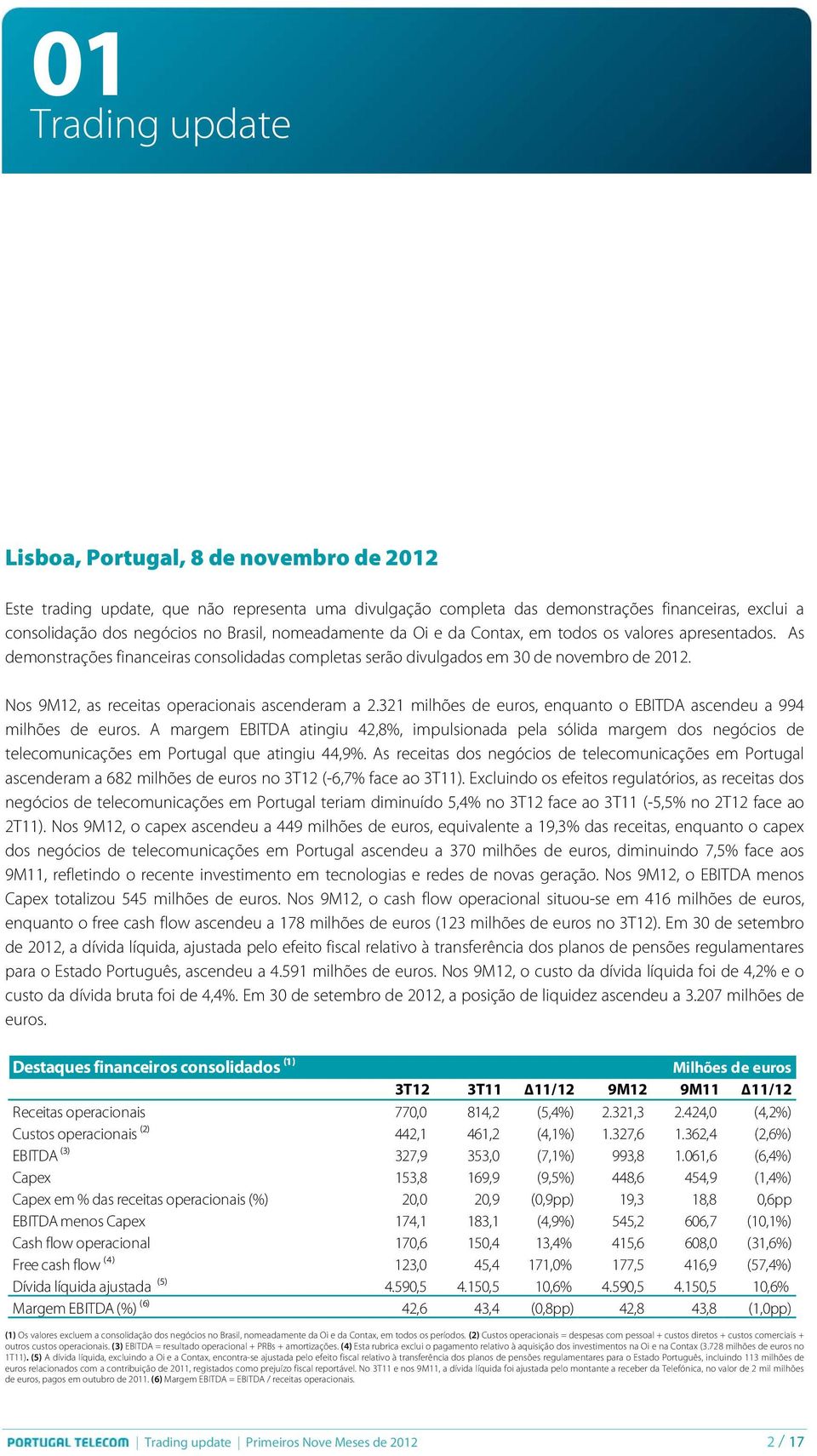 Nos 9M12, as receitas operacionais ascenderam a 2.321 milhões de euros, enquanto o EBITDA ascendeu a 994 milhões de euros.