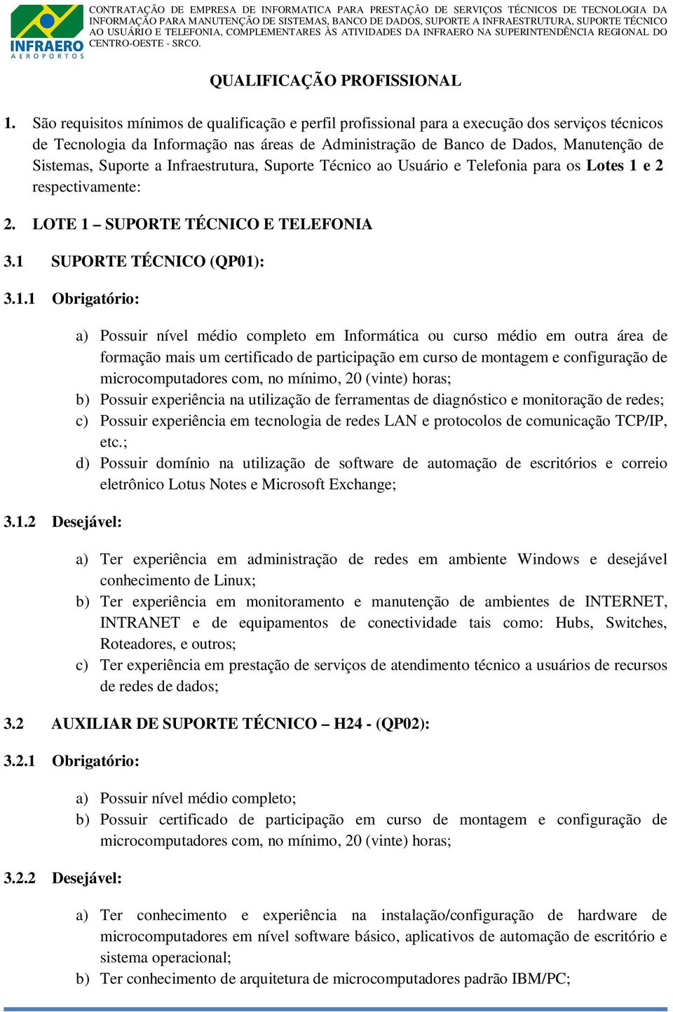 Suporte a Infraestrutura, Suporte Técnico ao Usuário e Telefonia para os Lotes 1 