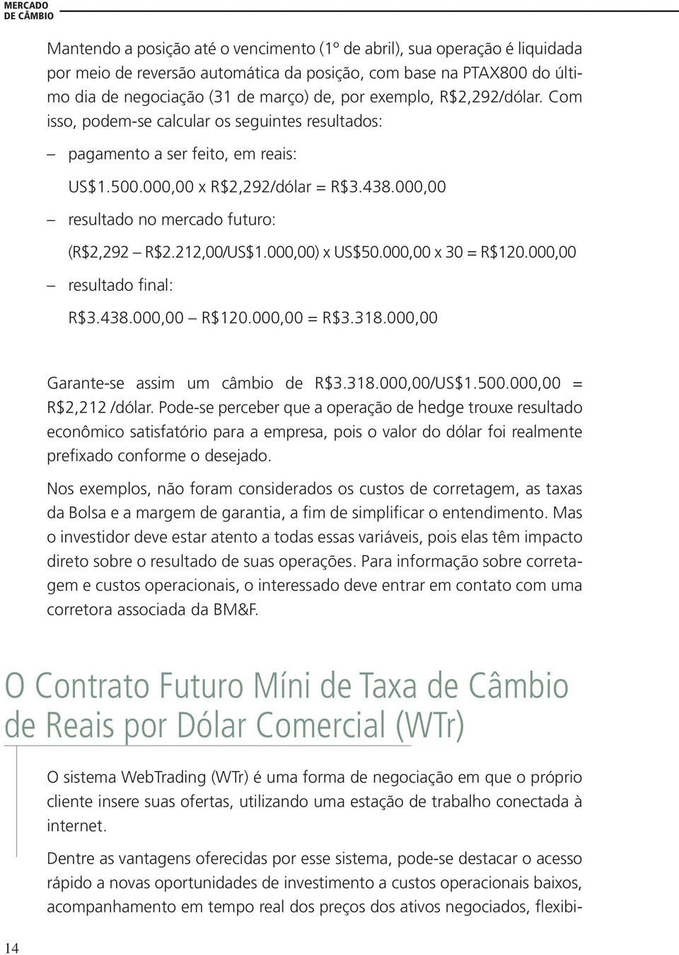 000,00 resultado no mercado futuro: (R$2,292 R$2.212,00/US$1.000,00) x US$50.000,00 x 30 = R$120.000,00 resultado final: R$3.438.000,00 R$120.000,00 = R$3.318.000,00 Garante-se assim um câmbio de R$3.