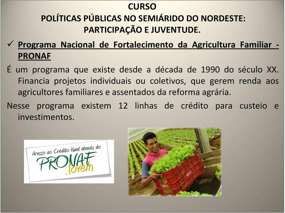 Financia projetos individuais ou coletivos, que gerem renda aos agricultores