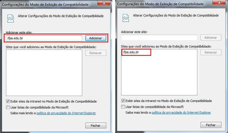 Em seguida, clique na opção Configurações do Modo de Execução de Compatibilidade. 2º PASSO: Na tela abaixo, no campo Adicionar este site digite ifpa.edu.br e clique no botão Adicionar. 2.1 PASSO: Execute o navegador Internet Explorer e clique no ícone Configurações ( ) ou (ALT+X).