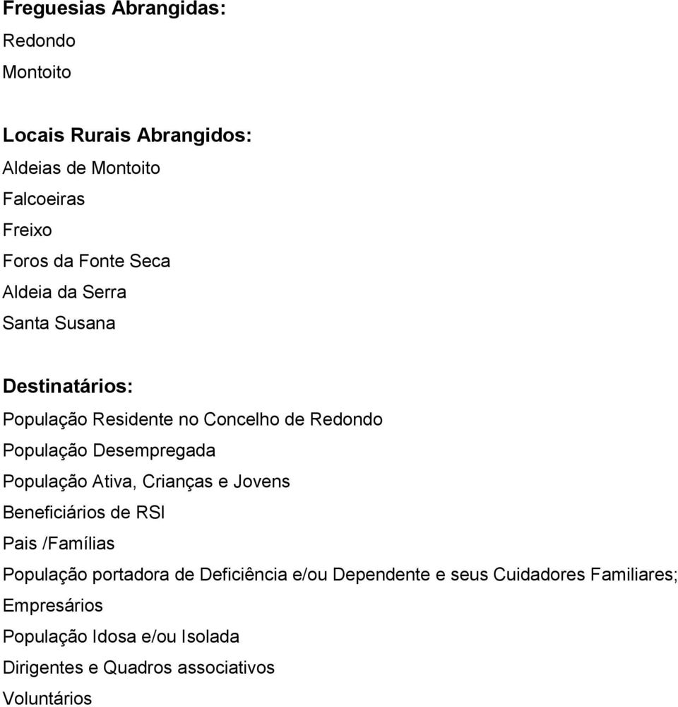 Desempregada População Ativa, Crianças e Jovens Beneficiários de RSI Pais /Famílias População portadora de