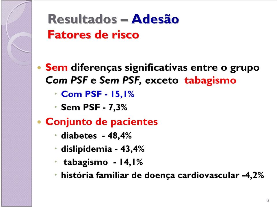 Sem PSF - 7,3% Conjunto de pacientes diabetes - 48,4% dislipidemia -