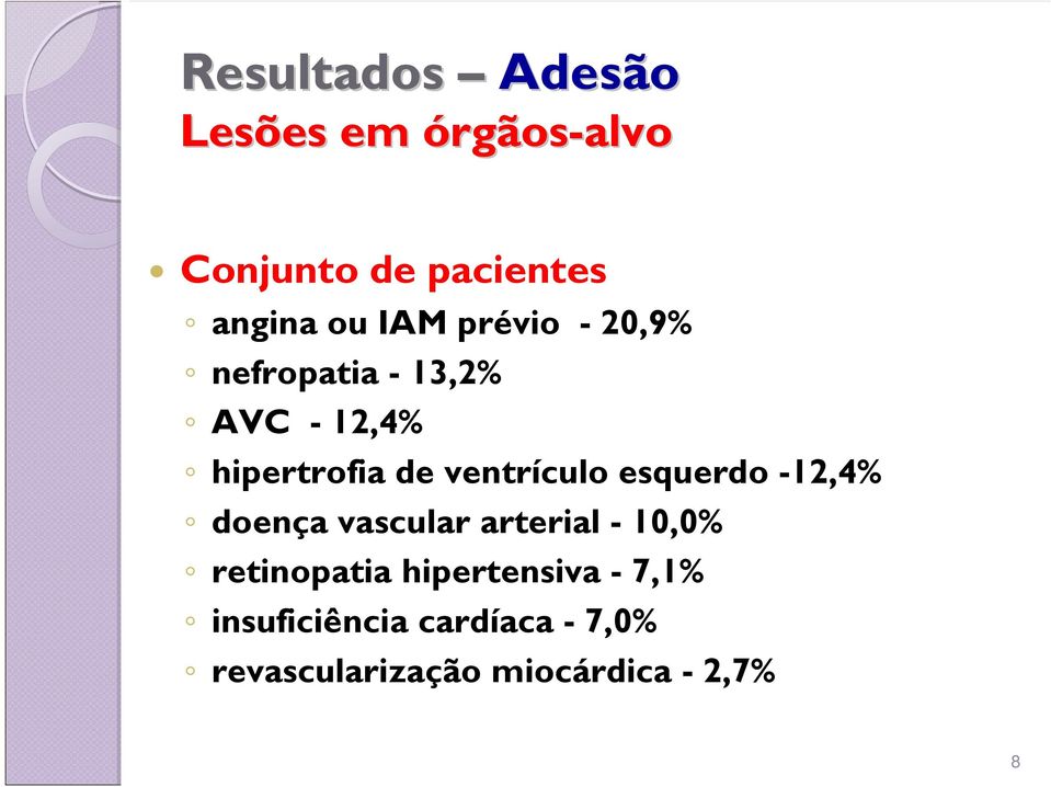 ventrículo esquerdo -12,4% doença vascular arterial - 10,0% retinopatia