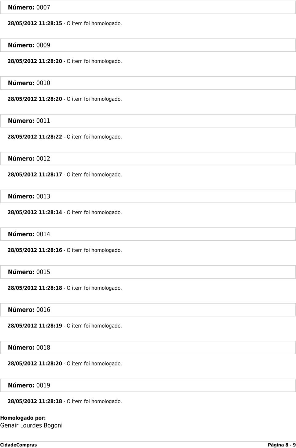 Número: 0014 28/05/2012 11:28:16 - O item foi homologado. Número: 0015 28/05/2012 11:28:18 - O item foi homologado. Número: 0016 28/05/2012 11:28:19 - O item foi homologado.